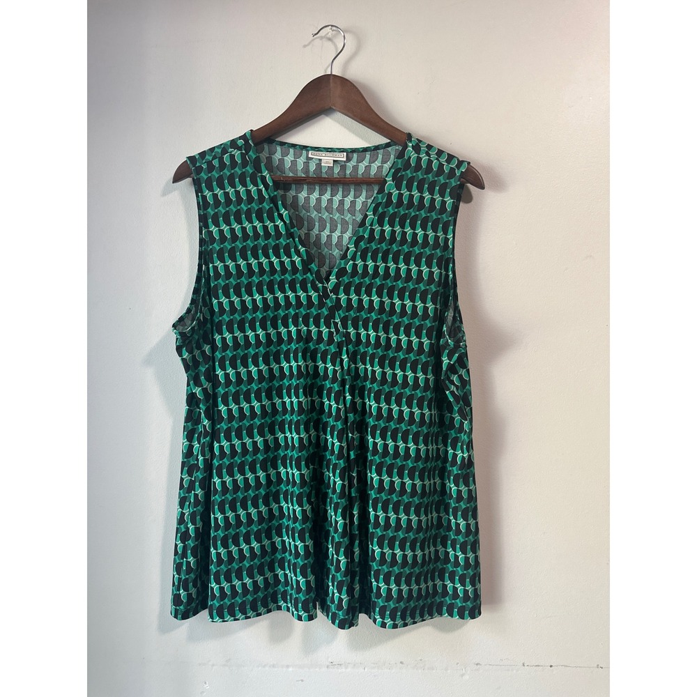 Dana Buchman XL Green Black Geometric Print V-Neck Sleeveless Blouse Top